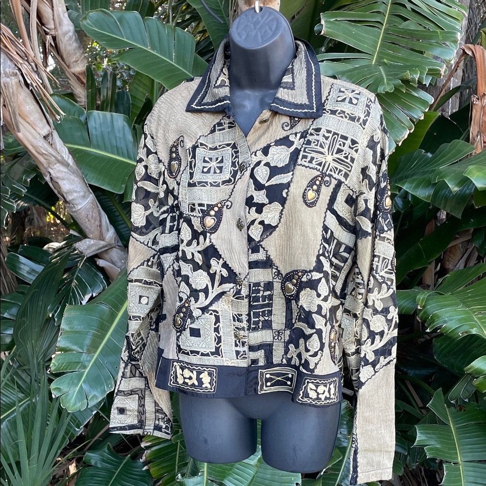 oversized, sheer metallic patchwork jacket with heart and stud embellishment